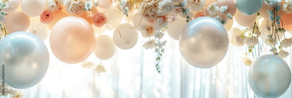 Delicate arrangements of white and pastel balloons enhance the decor for a wedding ceremony, adding a touch of elegance to the setting. Generative AI Delicate arrangements of white and pastel balloons enhance the decor for a wedding ceremony, adding a touch of elegance to the setting. Generative AI