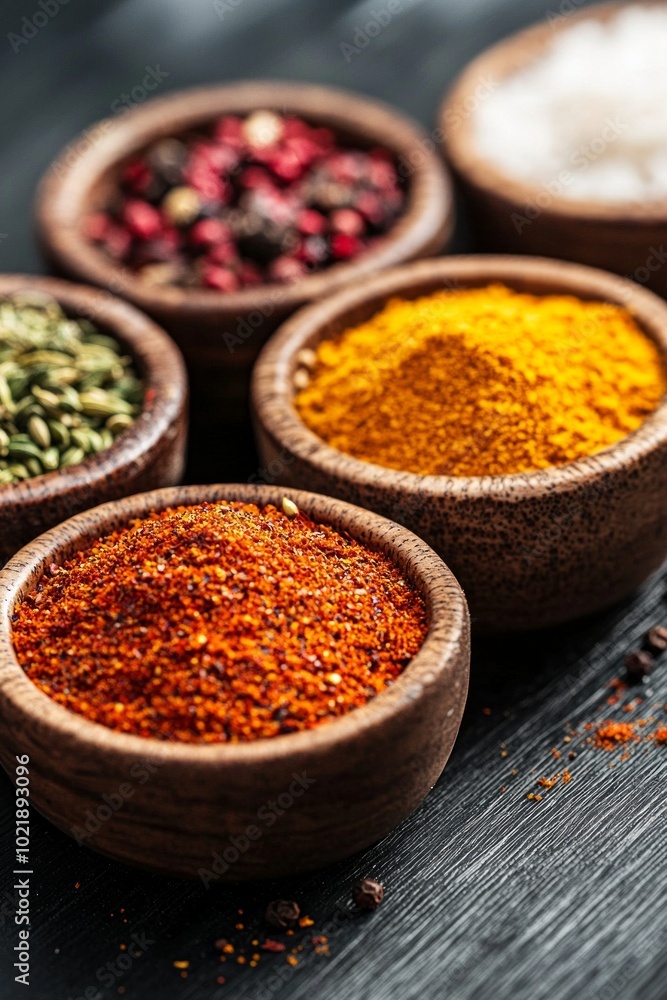 A close-up of colorful spices neatly arranged in small bowls on a dark wooden surface. A close-up of colorful spices neatly arranged in small bowls on a dark wooden surface.