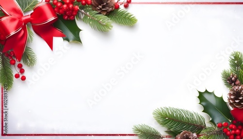 Christmas banner frame featuring traditional elements like holly, red berries, pine cones, Chrismas background, with copy space photo