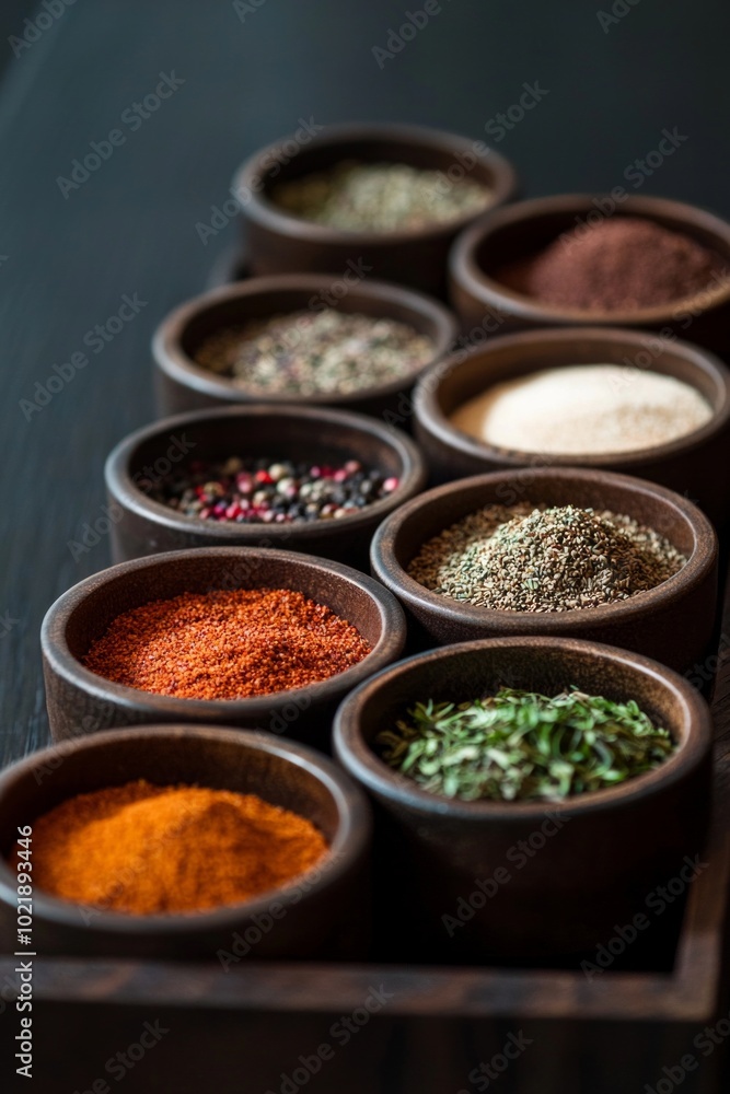A close-up of colorful spices neatly arranged in small bowls on a dark wooden surface. A close-up of colorful spices neatly arranged in small bowls on a dark wooden surface.