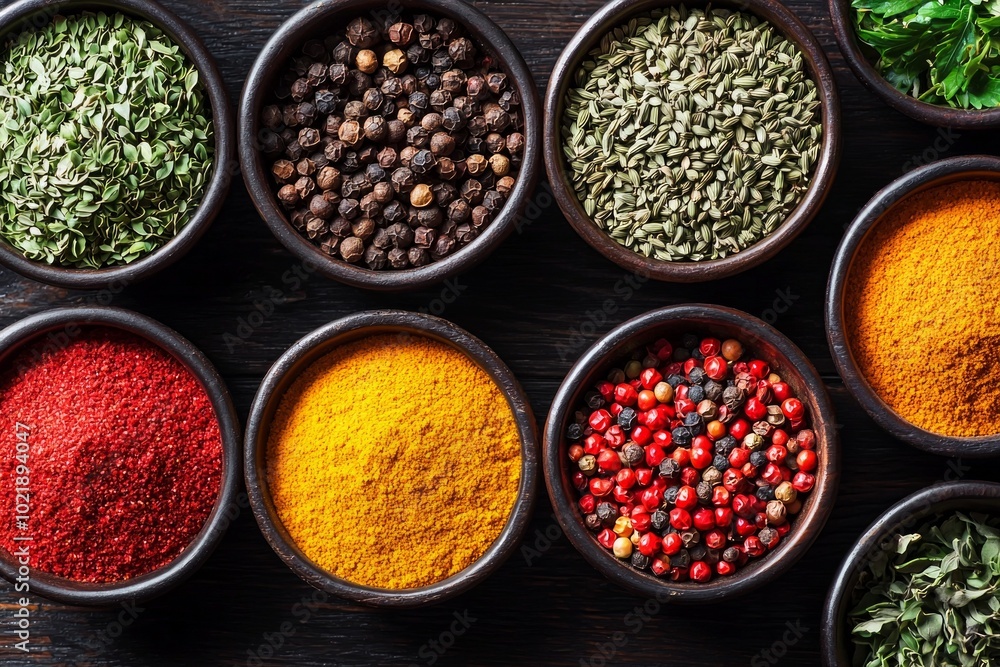 A close-up of colorful spices neatly arranged in small bowls on a dark wooden surface. A close-up of colorful spices neatly arranged in small bowls on a dark wooden surface.