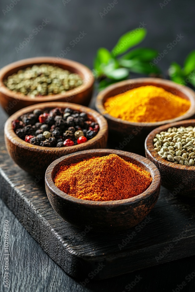 A close-up of colorful spices neatly arranged in small bowls on a dark wooden surface. A close-up of colorful spices neatly arranged in small bowls on a dark wooden surface.