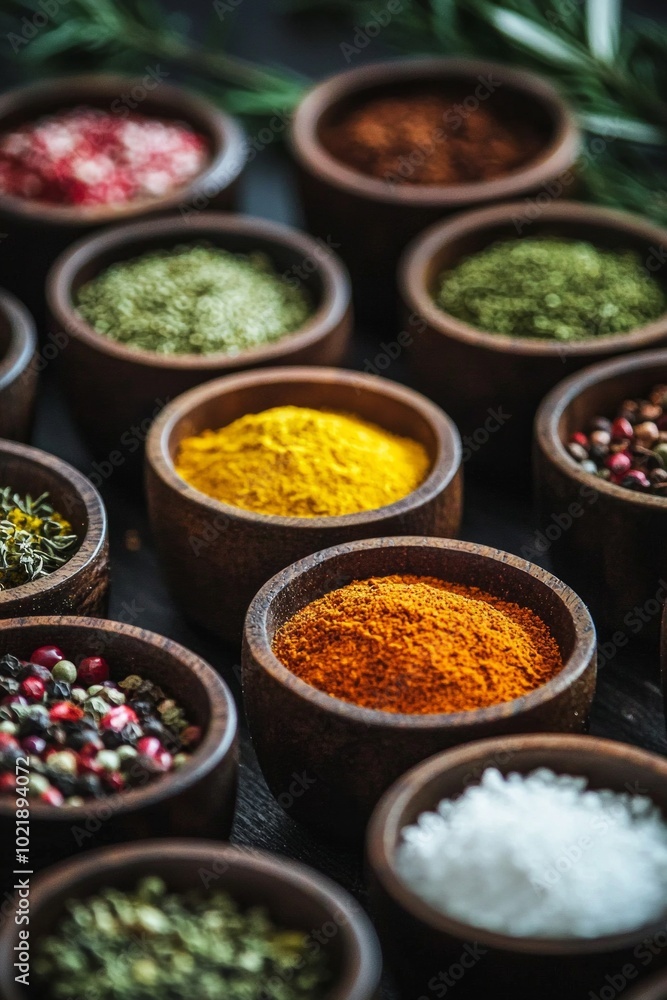 A close-up of colorful spices neatly arranged in small bowls on a dark wooden surface. A close-up of colorful spices neatly arranged in small bowls on a dark wooden surface.