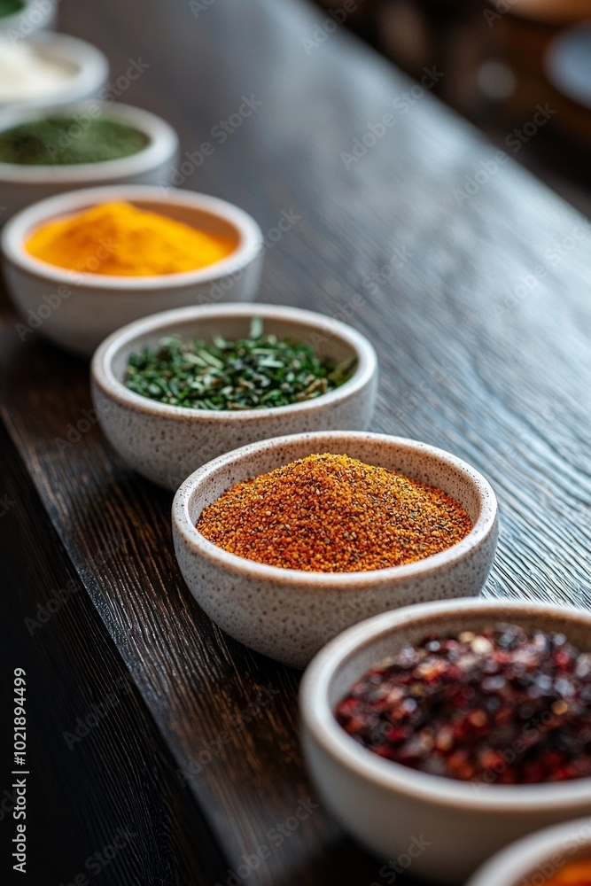 A close-up of colorful spices neatly arranged in small bowls on a dark wooden surface. A close-up of colorful spices neatly arranged in small bowls on a dark wooden surface.
