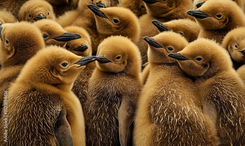 King penguin (Aptenodytes patagonicus) chicks (okum boys) at nesting colony photo