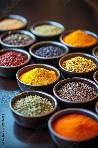 A close-up of colorful spices neatly arranged in small bowls on a dark wooden surface.