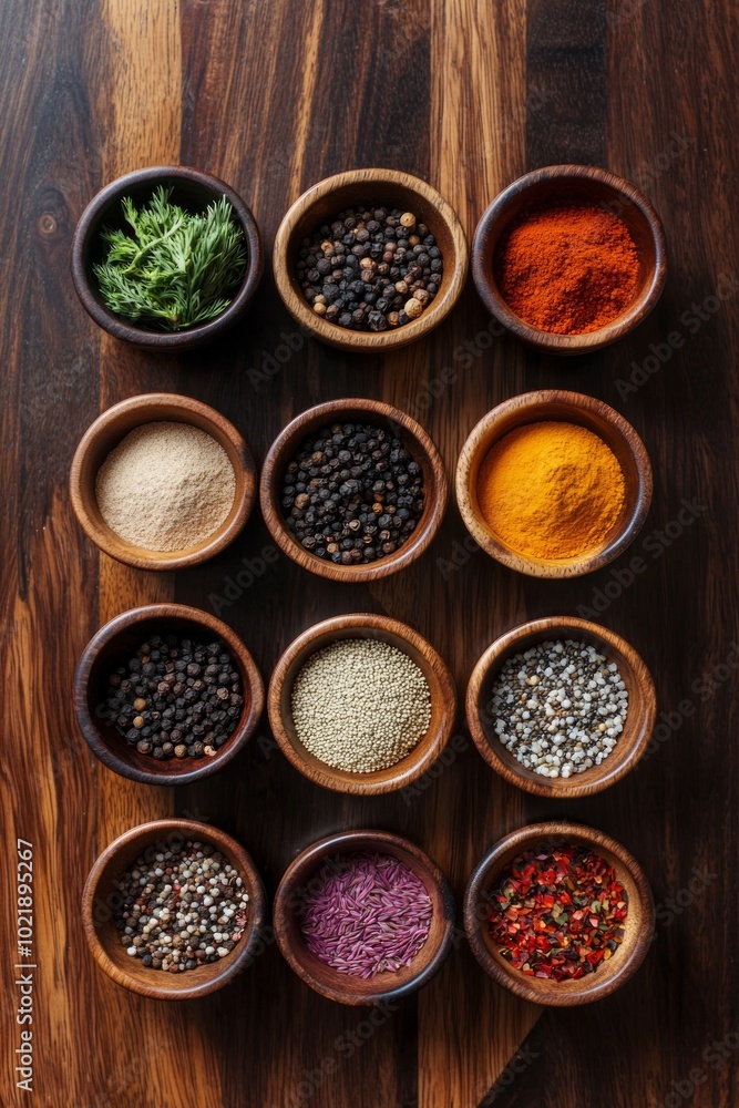 A close-up of colorful spices neatly arranged in small bowls on a dark wooden surface. A close-up of colorful spices neatly arranged in small bowls on a dark wooden surface.