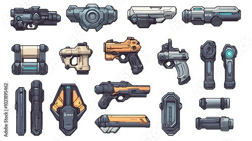Obraz na płótnie Sci Fi Weapons Set, Futuristic Gun & Blaster Design Assets for Game Development