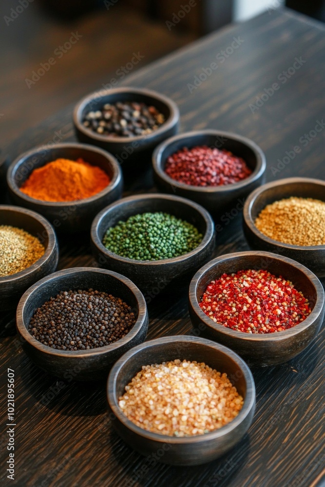 A close-up of colorful spices neatly arranged in small bowls on a dark wooden surface. A close-up of colorful spices neatly arranged in small bowls on a dark wooden surface.
