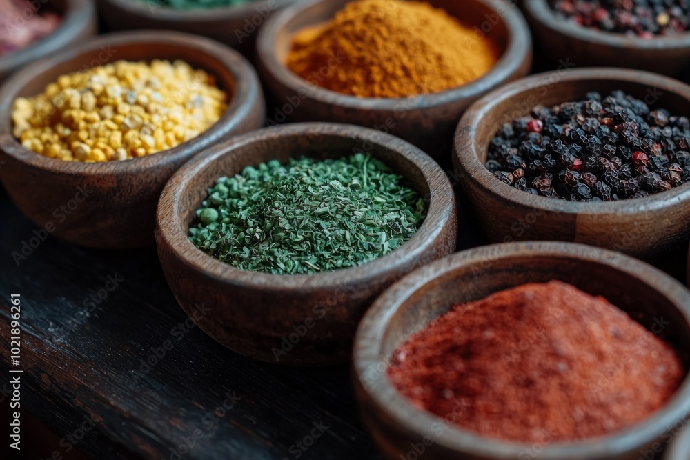 A close-up of colorful spices neatly arranged in small bowls on a dark wooden surface. A close-up of colorful spices neatly arranged in small bowls on a dark wooden surface.