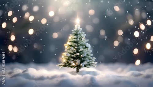 Christmas tree isolated on a snow background with bokeh lightning, abstract background banner with copy space