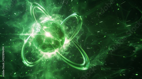 The image depicts a glowing atom surrounded by energetic orbits. The style is sci-fi, focusing on green lighting effects that symbolize the power and dynamics of nuclear energy.