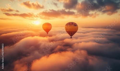 Hot air balloons rising above a dense cloud cover during sunrise, with the golden hues of the morning sun reflecting on the top of the