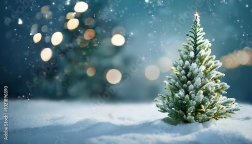 Christmas tree isolated on a snow background with bokeh lightning, abstract background banner with copy space