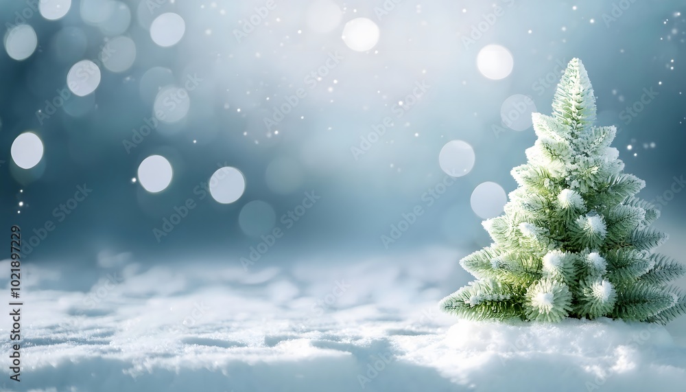 Christmas tree isolated on a snow background with bokeh lightning, abstract background banner with copy space Christmas tree isolated on a snow background with bokeh lightning, abstract background banner with copy space