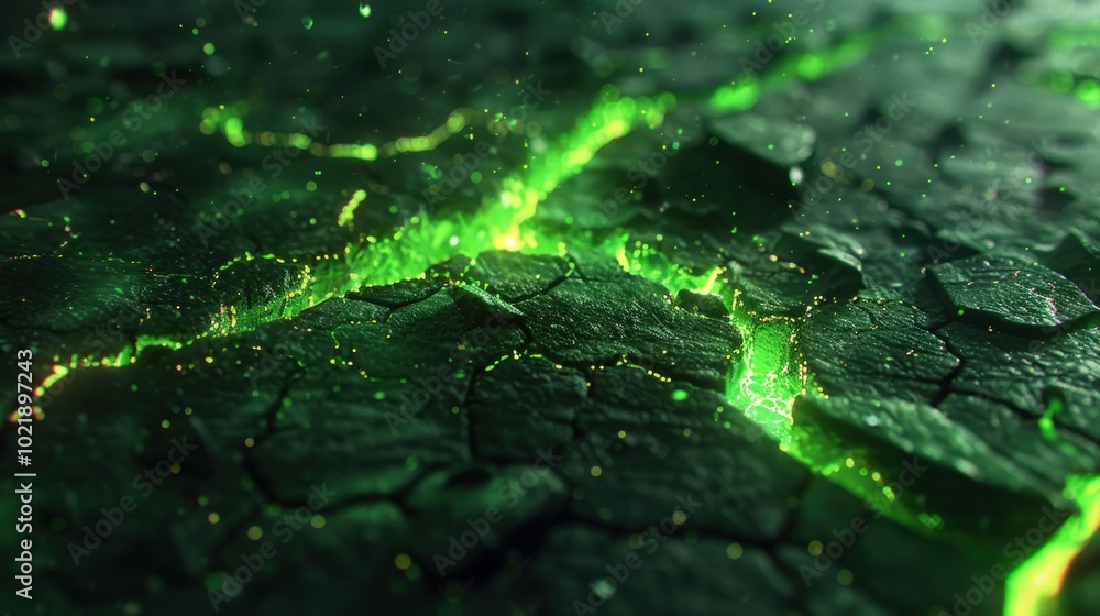 The image depicts a surface with cracks emitting a bright green glow reminiscent of radiation. The image depicts a surface with cracks emitting a bright green glow reminiscent of radiation.