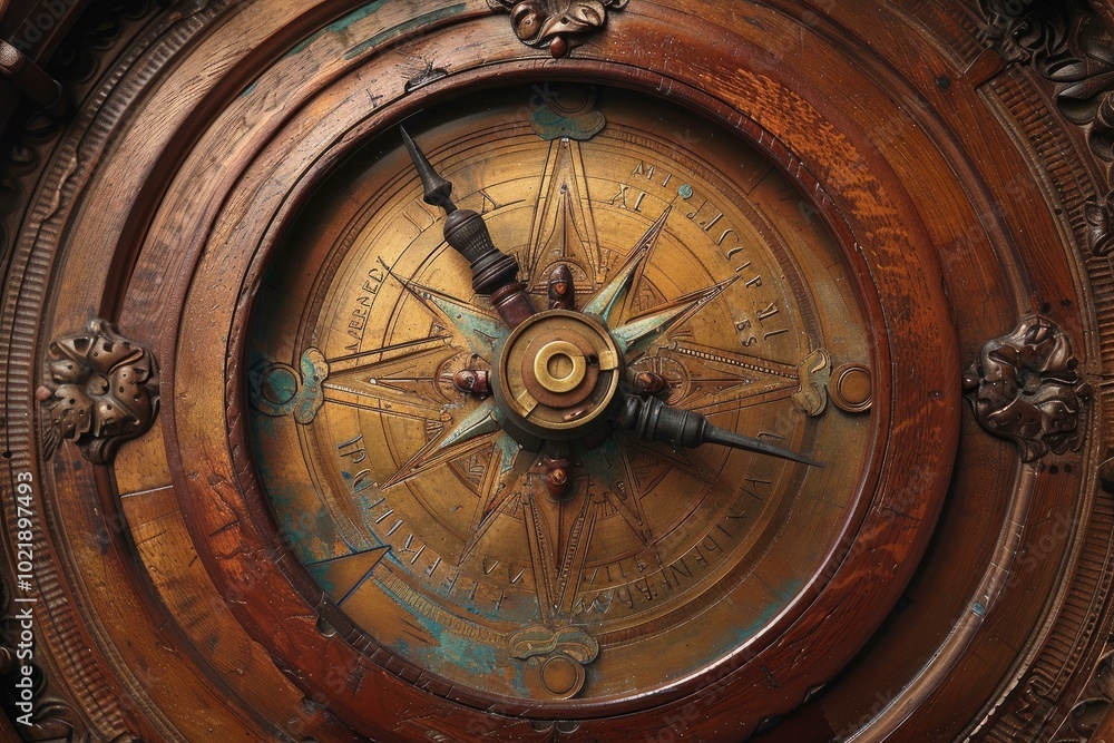 Obraz premium Close up of a beautiful antique brass astrolabe, showing constellations, on a wooden background