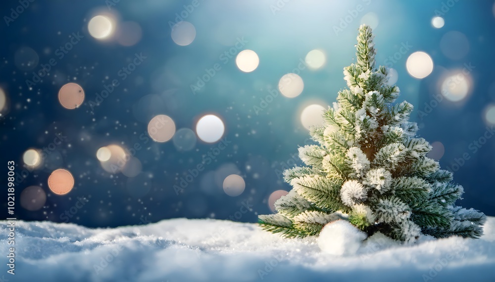 Christmas tree isolated on a snow background with bokeh lightning, abstract background banner with copy space Christmas tree isolated on a snow background with bokeh lightning, abstract background banner with copy space