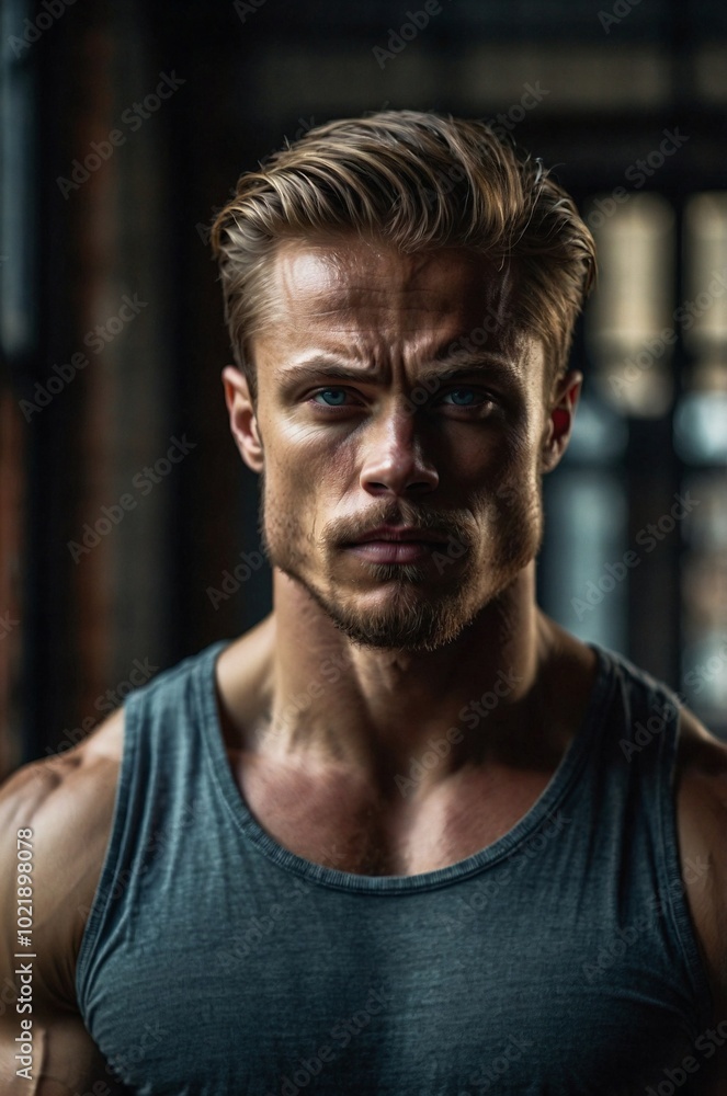 Muscular man posing confidently indoors, showcasing strength and fitness in a dynamic lighting environment. Muscular man posing confidently indoors, showcasing strength and fitness in a dynamic lighting environment.