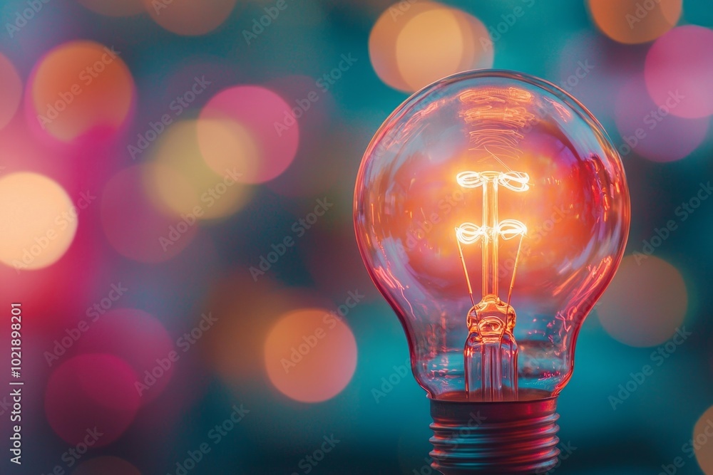 A closeup of a glowing lightbulb with a bokeh background of vibrant colors, symbolizing innovation A closeup of a glowing lightbulb with a bokeh background of vibrant colors, symbolizing innovation