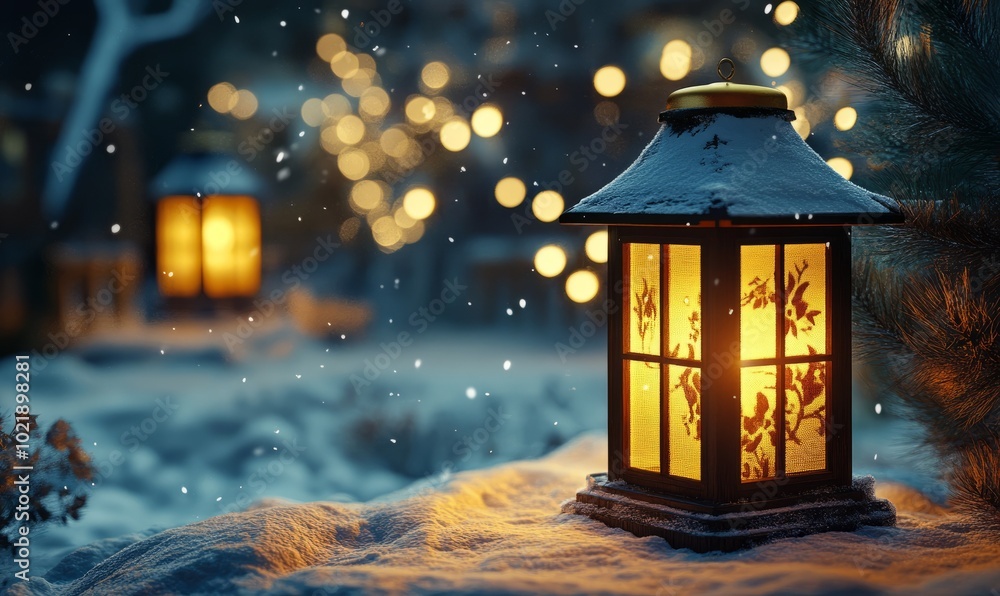 Glowing golden lanterns illuminating a snowy outdoor scene, creating a warm, inviting ambiance on a cold winter night Glowing golden lanterns illuminating a snowy outdoor scene, creating a warm, inviting ambiance on a cold winter night