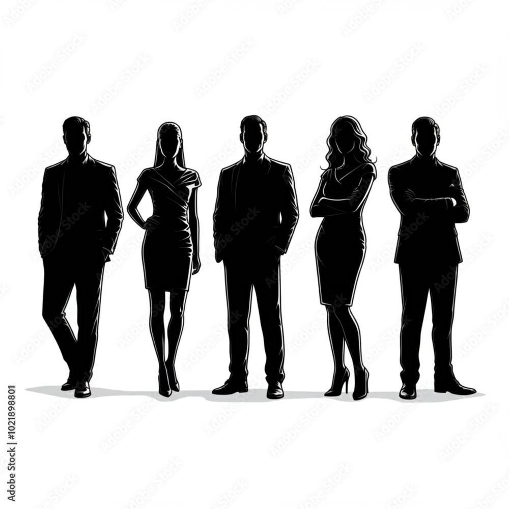 Fototapeta premium Business men and women, group of people at work. Isolated vector silhouettes. Businesspeople. Smooth JPEG version.