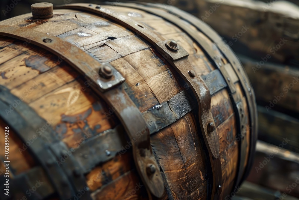 Old wooden barrel with rusty metal hoops shows the craftsmanship of a bygone era