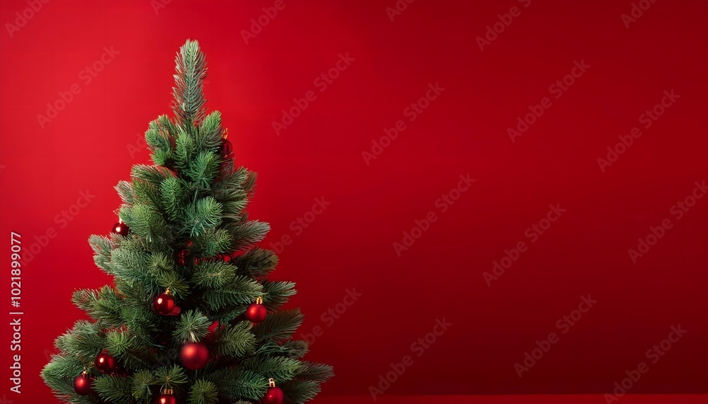 Christmas tree on a Red background with space for text, Christmas background with copy space Christmas tree on a Red background with space for text, Christmas background with copy space
