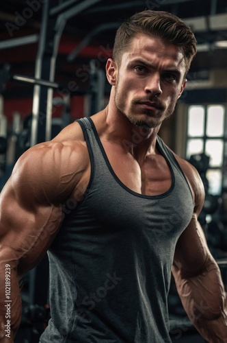 A muscular man with strong defined arms showcasing fitness in a gym during afternoon training session.