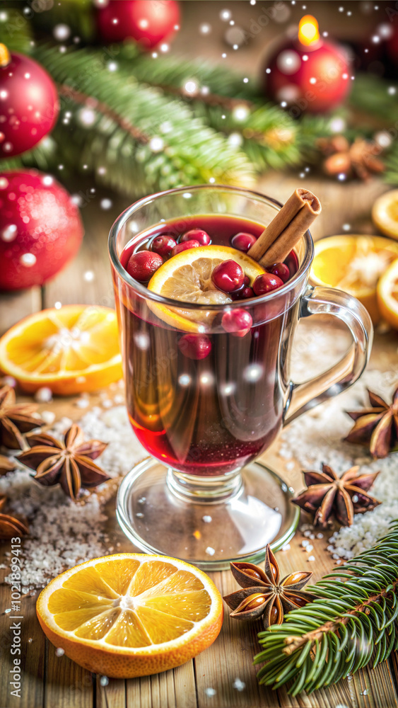 Warm mulled drink with cranberries and spices in a festive winter setting Warm mulled drink with cranberries and spices in a festive winter setting