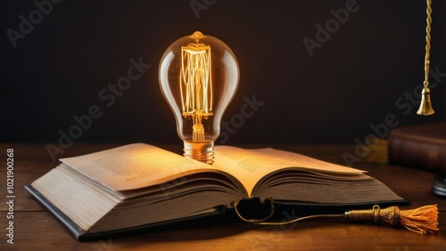 A glowing light bulb symbolizes inspiration above an open book on a wooden table, evoking ideas and knowledge.