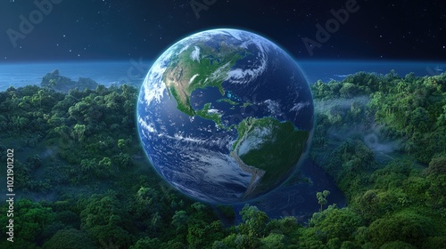 Fototapeta Naklejka Na Ścianę i Meble -  The lush, green planet Earth is illuminated by soft sunlight, showcasing global hope and commitment to environmental protection amidst vibrant garden foliage