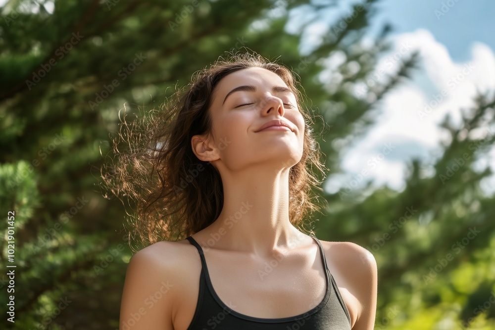 A serene woman enjoying nature with a peaceful expression. A serene woman enjoying nature with a peaceful expression.