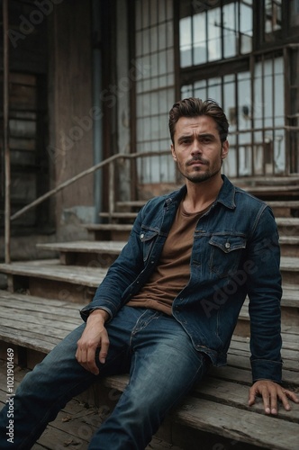 A man in casual attire sits on wooden steps, enjoying a quiet moment in an urban setting during the late afternoon.