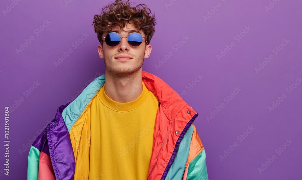 Obraz premium pretty young male hold empty space wear trendy colorful outfit isolated on violet color background