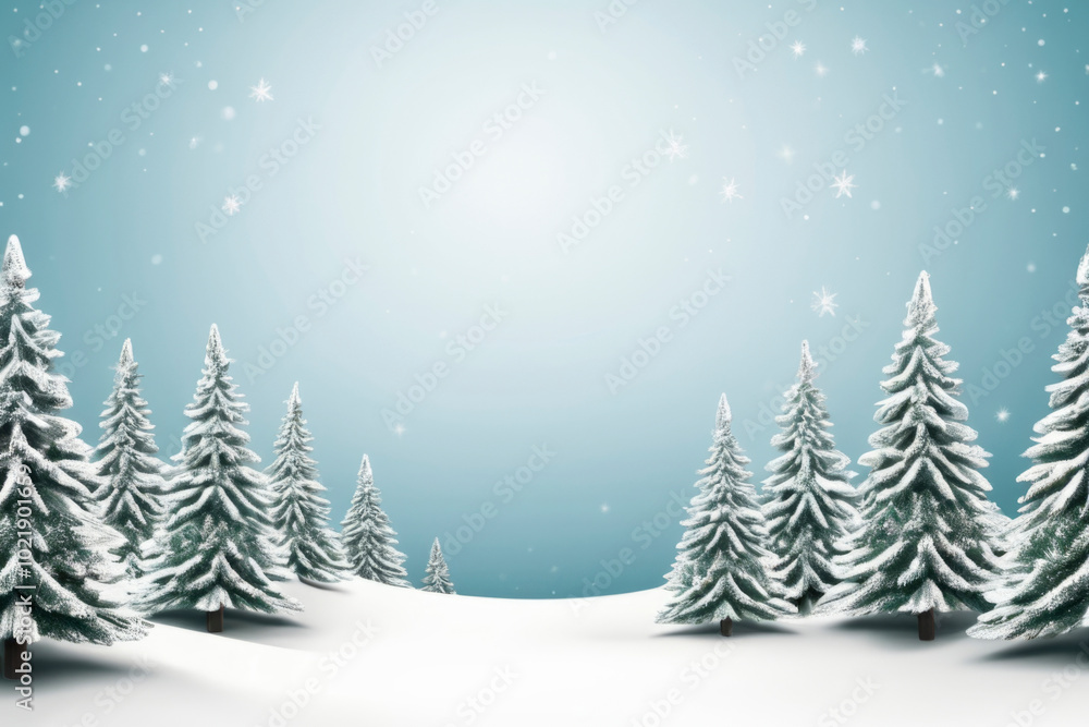 Obraz premium Serene winter landscape with snow-covered evergreen trees under soft, pale blue sky with delicate snowflakes falling. Peaceful scene, calm and beauty of winter season. For holiday and seasonal designs
