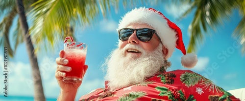 Jolly man in festive attire enjoys a tropical beverage under palm trees during a sunny Christmas celebration. Wide web banner.