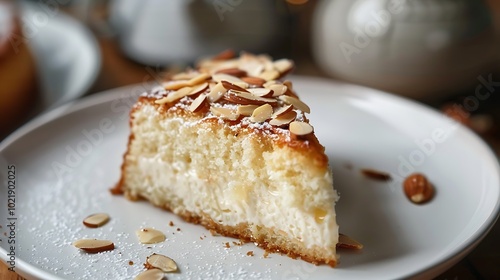 A slice of almond cake garnished with slivered almonds.