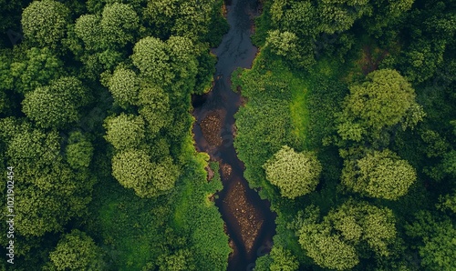 Overgrown mineralized river landscape, drone image