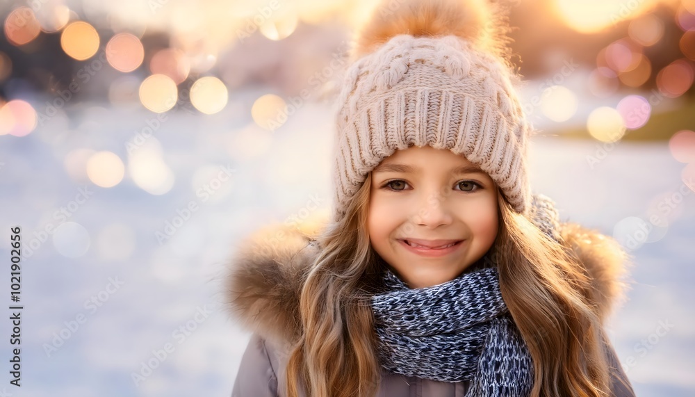 Cute smiling girl with a wool hat and scarf, on snowy snow, bokeh lights, illuminated by the sun, Chirtsmas background with copy space Cute smiling girl with a wool hat and scarf, on snowy snow, bokeh lights, illuminated by the sun, Chirtsmas background with copy space
