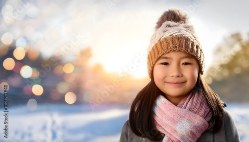 Cute smiling girl with a wool hat and scarf, on snowy snow, bokeh lights, illuminated by the sun, Chirtsmas background with copy space