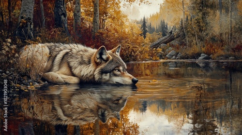 A lone wolf lies in a shallow pool of water, its reflection mirrored in the calm surface. The surrounding autumnal forest displays vibrant hues of red, orange, and yellow. photo