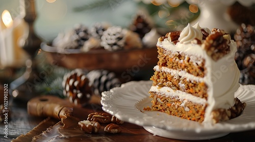 A slice of carrot cake with cream cheese frosting, garnished with walnuts.