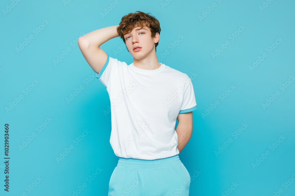 Person in white t-shirt with blue edges and blue sweatpants, blue studio background, half-body portrait Person in white t-shirt with blue edges and blue sweatpants, blue studio background, half-body portrait