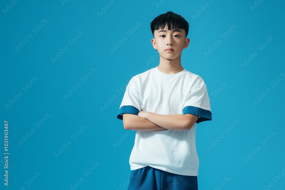 Person in white t-shirt with blue edges and blue sweatpants, blue studio background, half-body portrait Person in white t-shirt with blue edges and blue sweatpants, blue studio background, half-body portrait