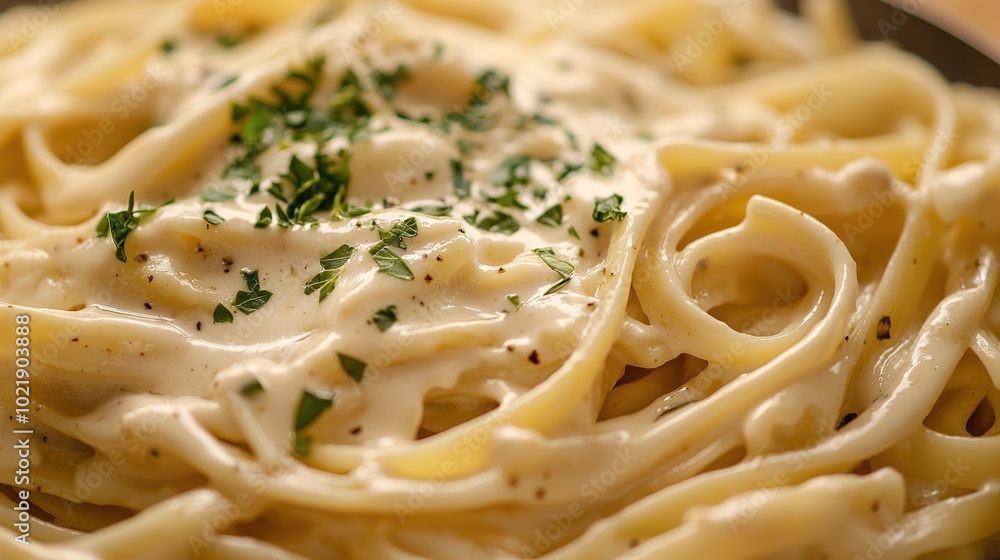 A creamy fettuccine pasta dish garnished with green herbs, showcasing a rich, comforting meal perfect for any occasion. A creamy fettuccine pasta dish garnished with green herbs, showcasing a rich, comforting meal perfect for any occasion.