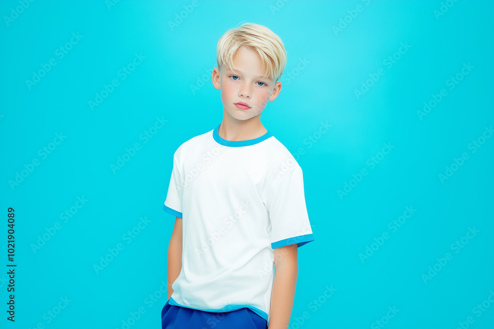 Person in white t-shirt with blue edges and blue sweatpants, blue studio background, half-body portrait Person in white t-shirt with blue edges and blue sweatpants, blue studio background, half-body portrait