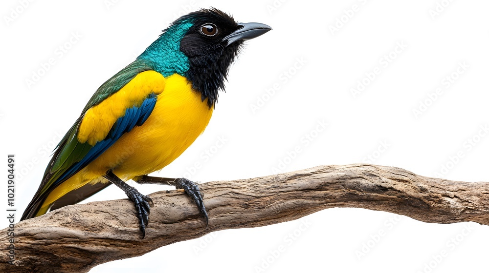 Fototapeta premium Greater Ani Vando Bird Perched On A Branch On A White Background, Realistic Photo, Wallpaper, Cover and Screen for Smartphone, PC, Laptop, 9:16 and 16:9 Format
