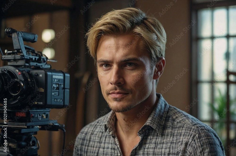 Young man working intently in a creative studio, focusing on filming with professional camera during an afternoon session. Young man working intently in a creative studio, focusing on filming with professional camera during an afternoon session.