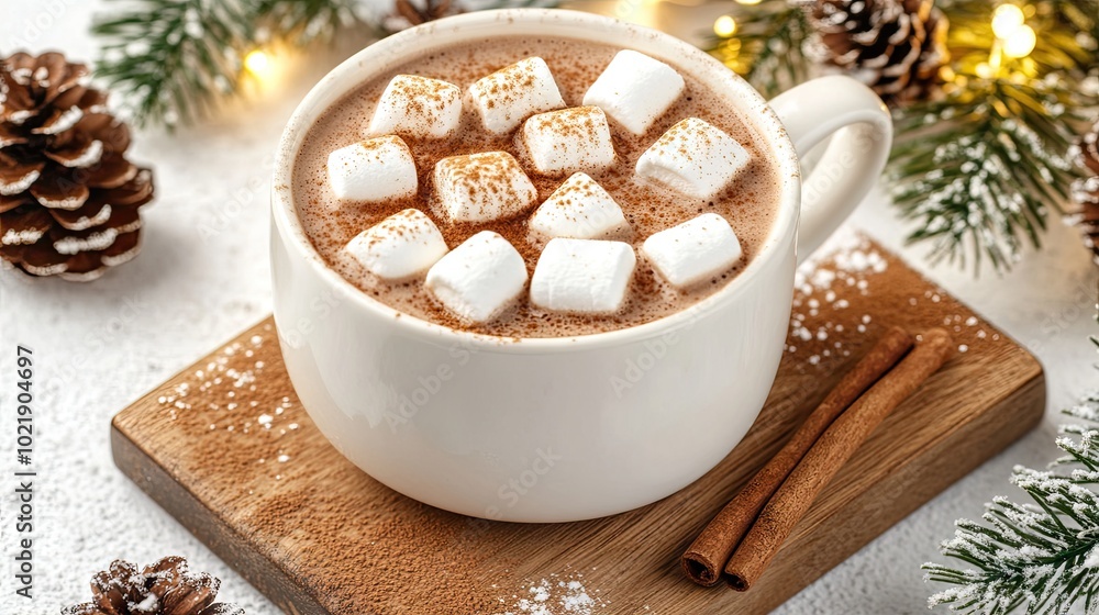 A cozy mug of hot chocolate with marshmallows rests on a wooden board, nestled among pine branches and holiday decorations, creating a warm winter atmosphere A cozy mug of hot chocolate with marshmallows rests on a wooden board, nestled among pine branches and holiday decorations, creating a warm winter atmosphere